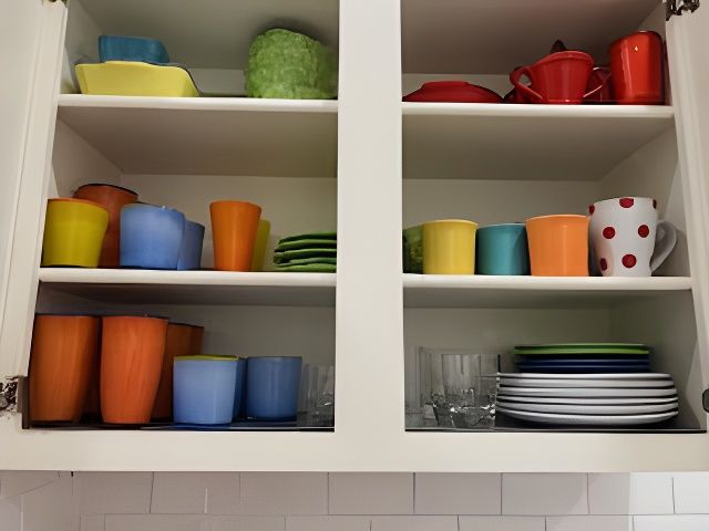 White kitchen cabinet open, filled with colorful dishes, cups, and plates.