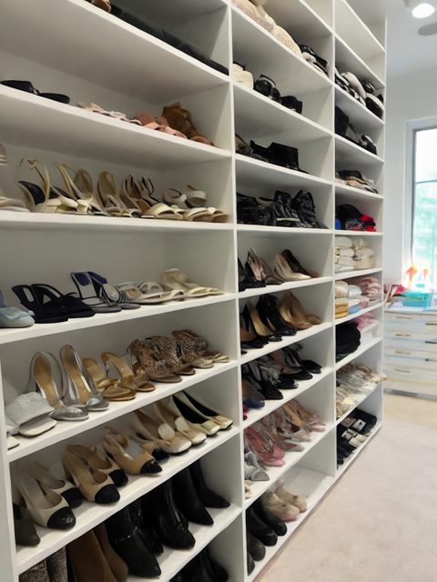White shoe shelves filled with various styles of footwear in a bright closet.