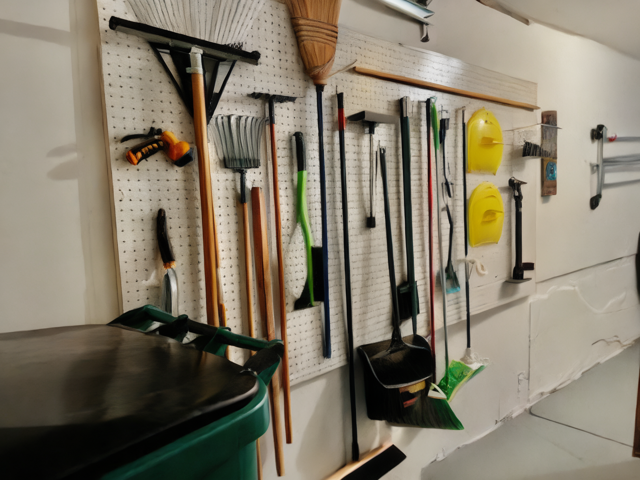 Cleaning tools, including rakes and brooms, hang on a pegboard in a garage.