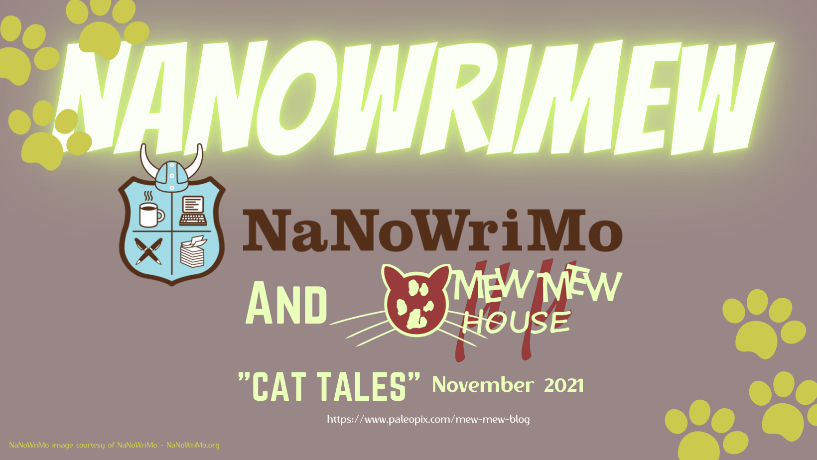 A poster for nanowrimo and mew mew house cat tales