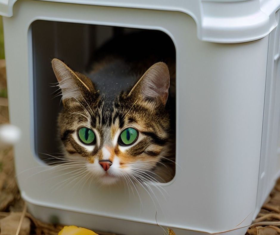 A cat with green eyes is sticking its head out of a white container.