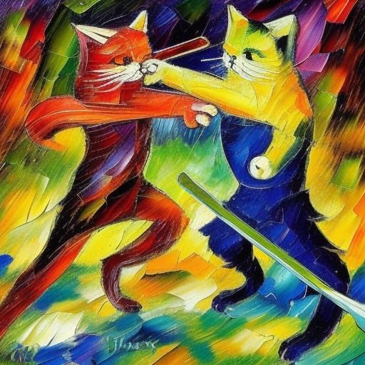 A colorful painting of two cats fighting each other