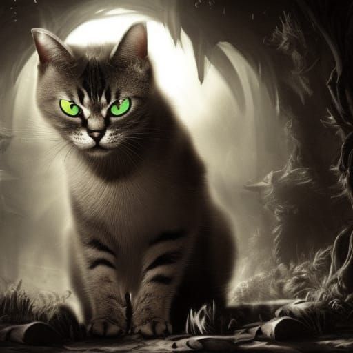 A cat with green eyes is sitting in the dark