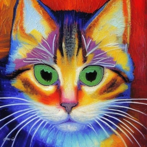 A colorful painting of a cat with green eyes