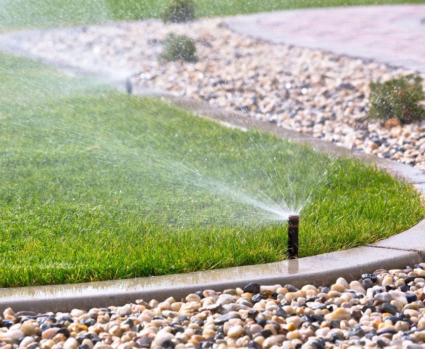 Sprinkler watering a green lawn beside a pebble landscape bed.