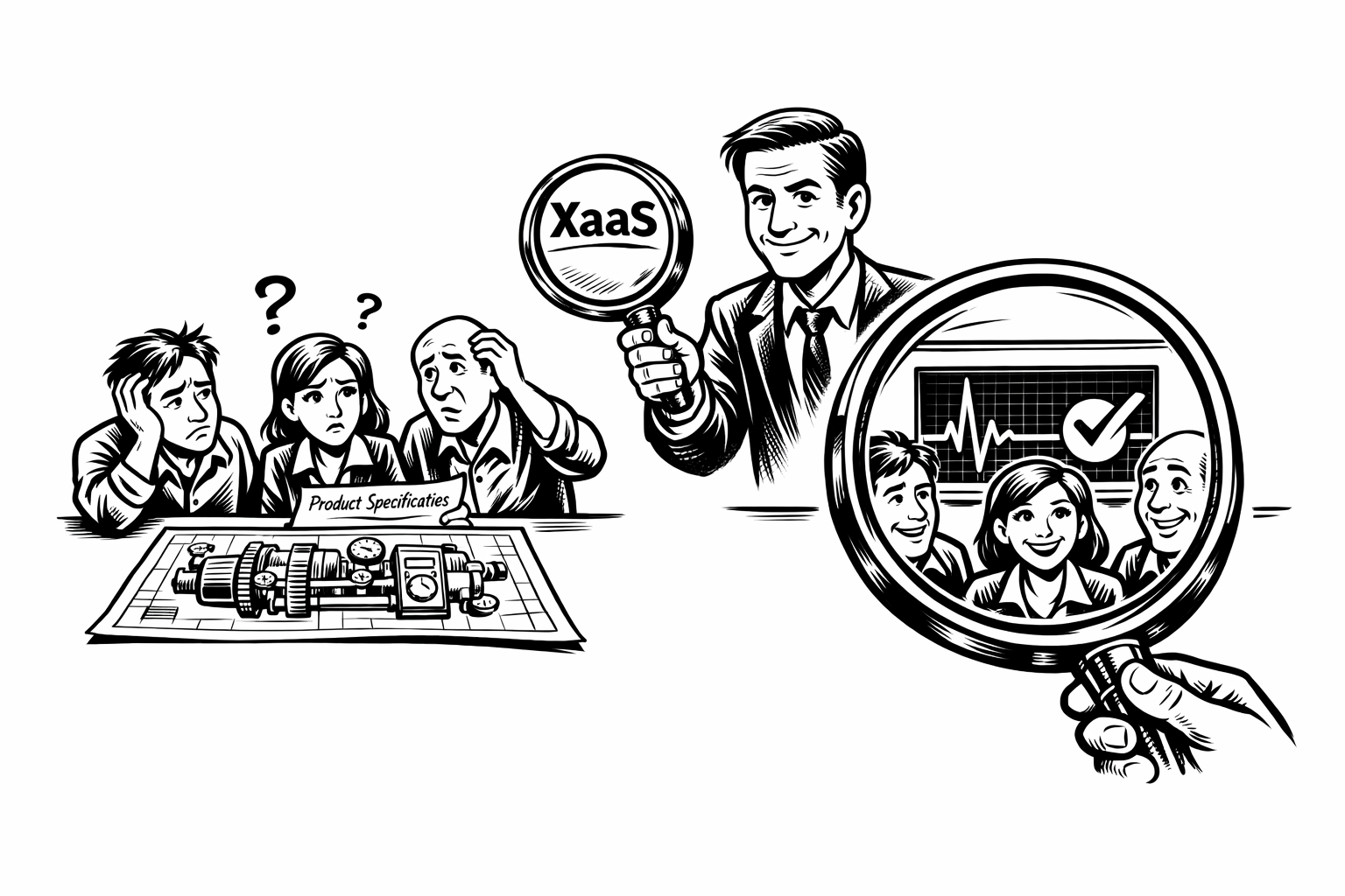 Cartoon showing people who ignore features and care only about the results and value it delivers