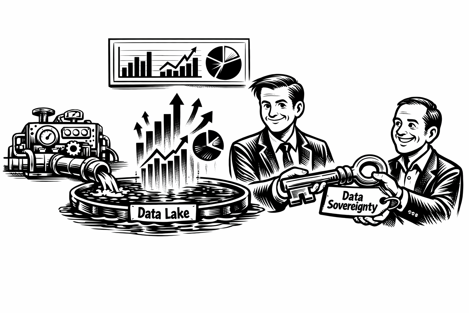 Business graphic of data lake and data security, with charts, servers, and two professionals shaking hands
