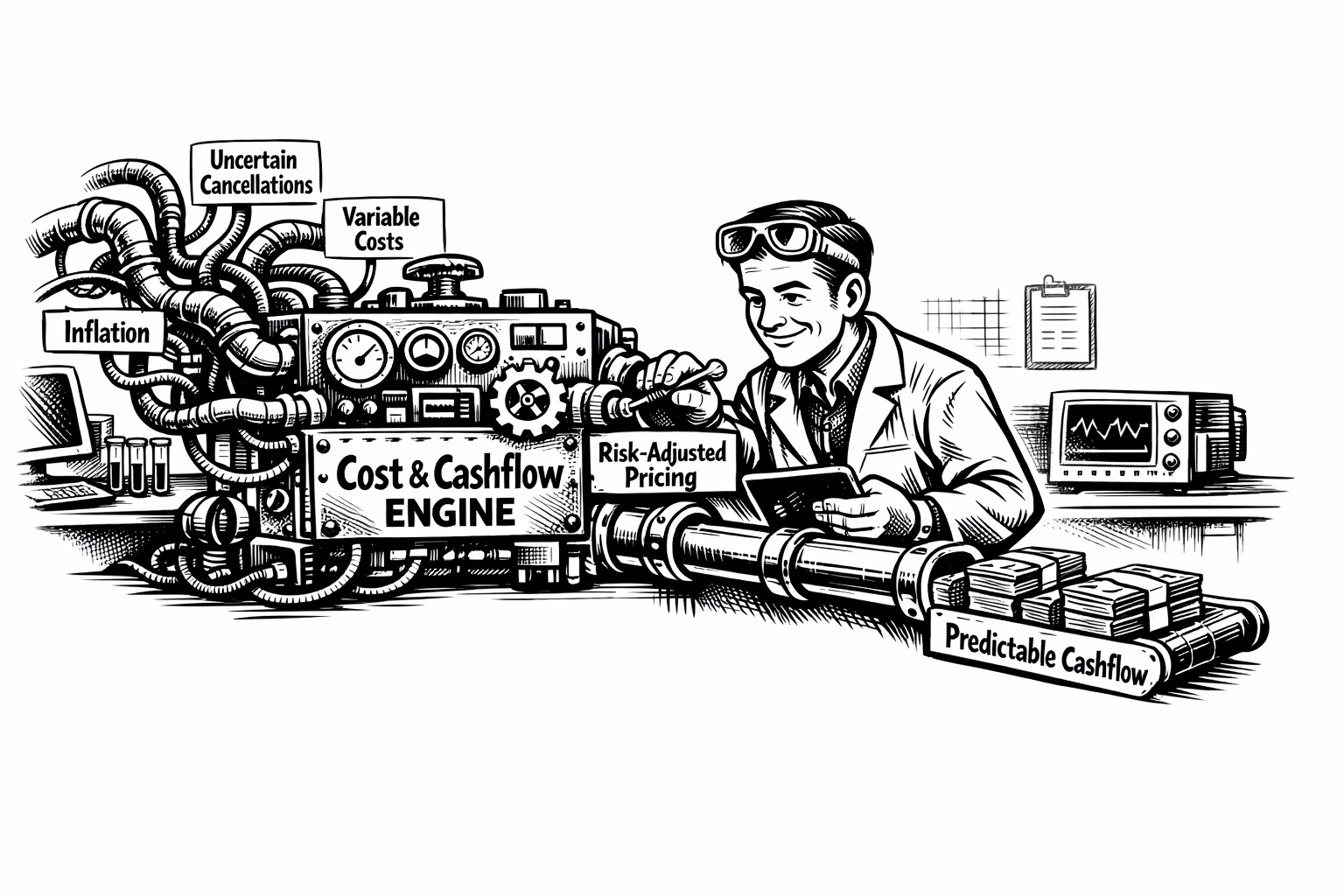 Cartoon showing a man building a successful XaaS business model