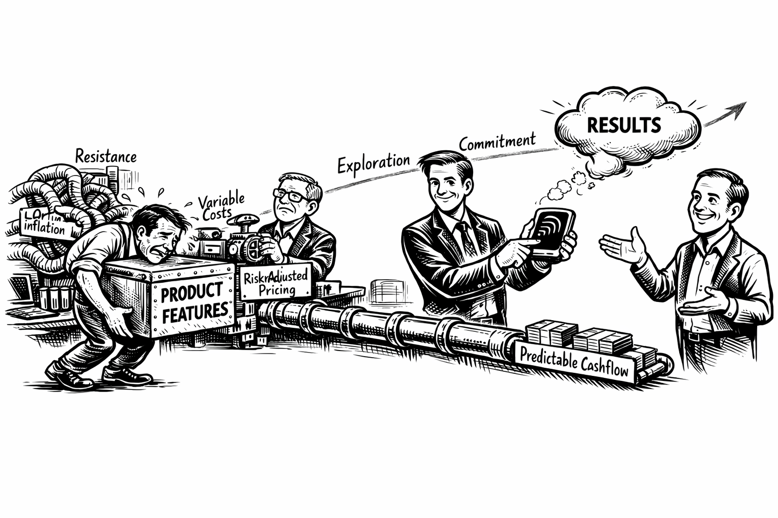 Cartoon showing the shift from feature focused selling to delivering real customer value