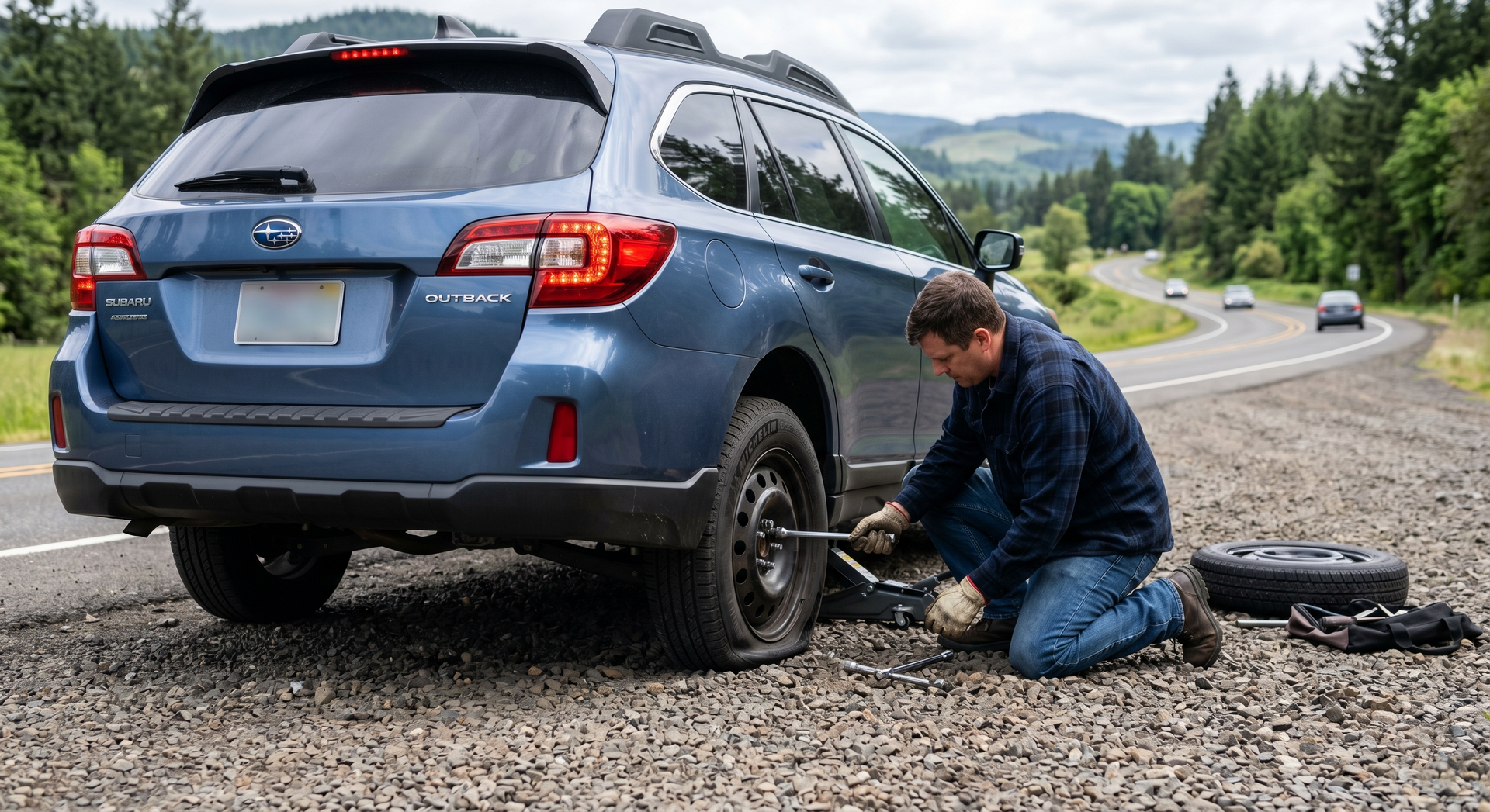 Man kneels beside a blue SUV, changing a flat tire on a gravel roadside with mountains in the background