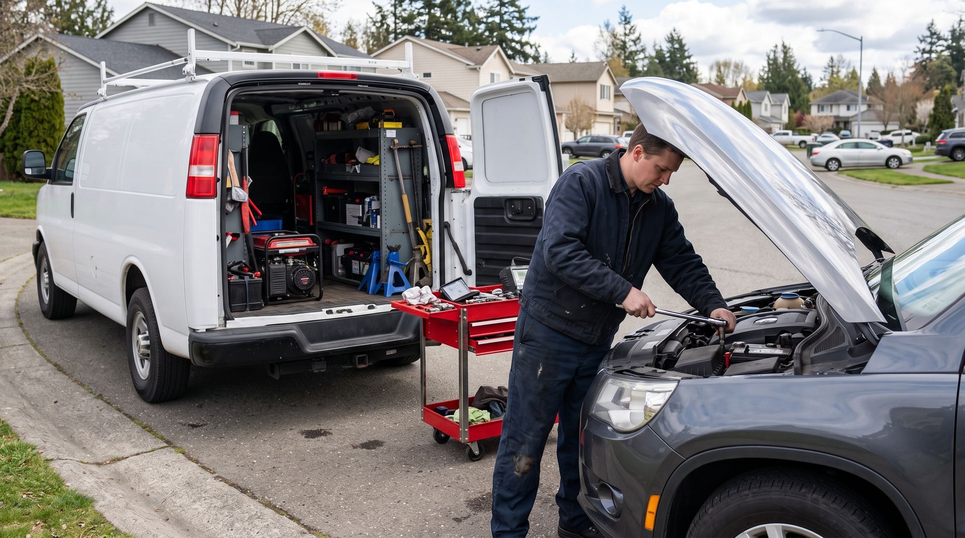 Mechanic working on a car engine beside a white van with open rear doors and tools on the driveway