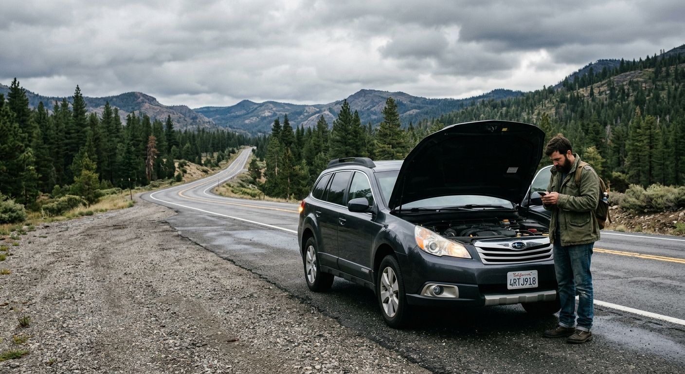 SUV parked on a mountain road while a person inspects the open hood under cloudy skies