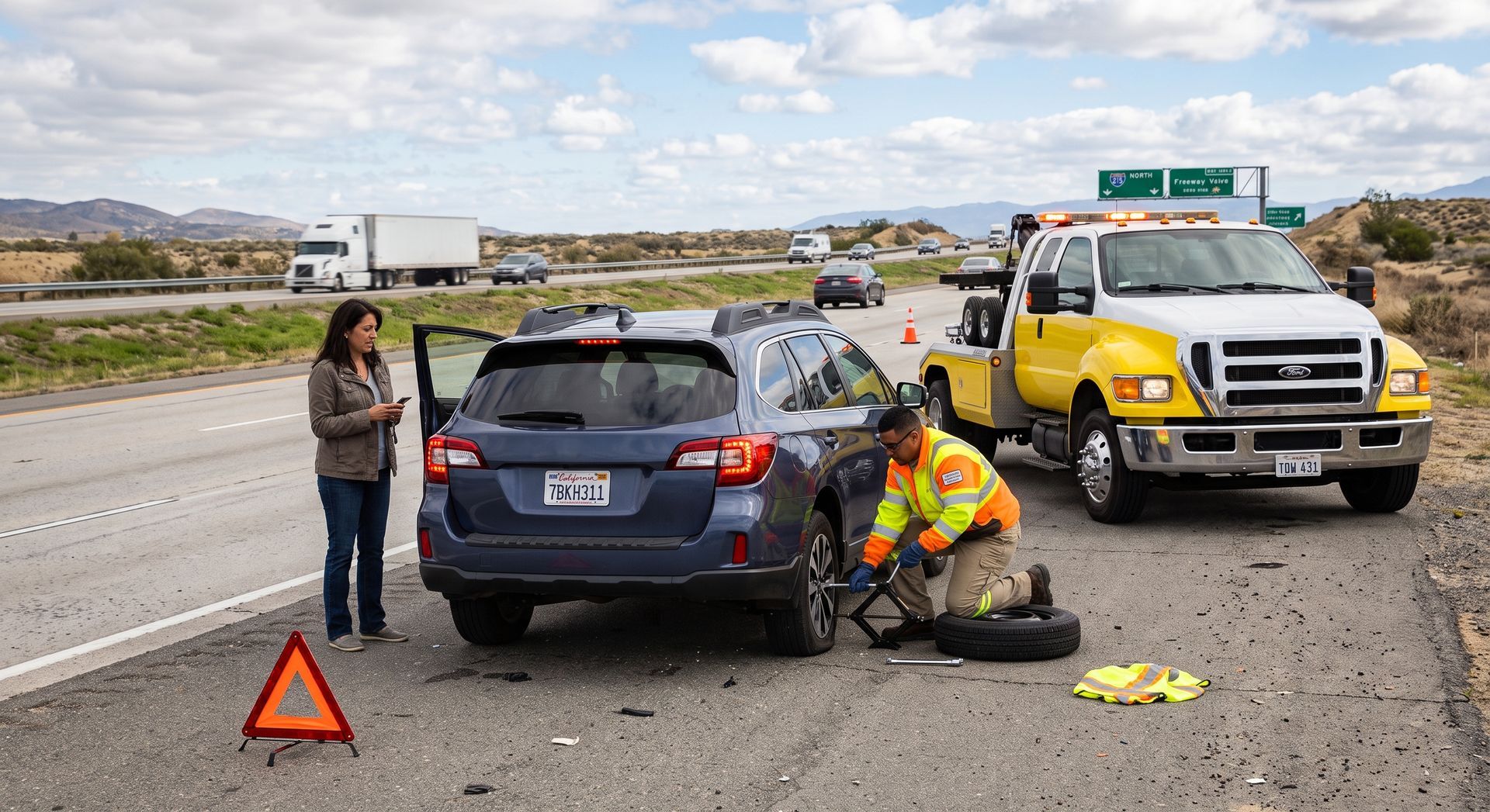 Roadside car breakdown with tow truck, worker kneeling by tire, woman standing nearby, and warning triangle.