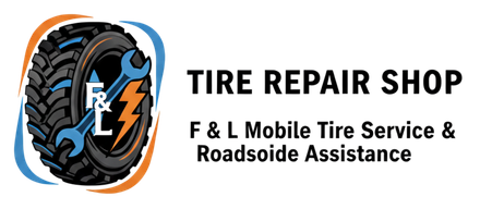 Logo for F & L Tire Repair Shop; a tire with a wrench and lightning bolt, and text: mobile tire service.