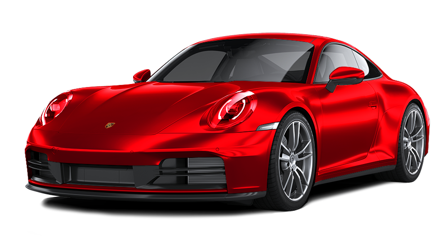 Red sports coupe on a white background, shown in front three-quarter view.