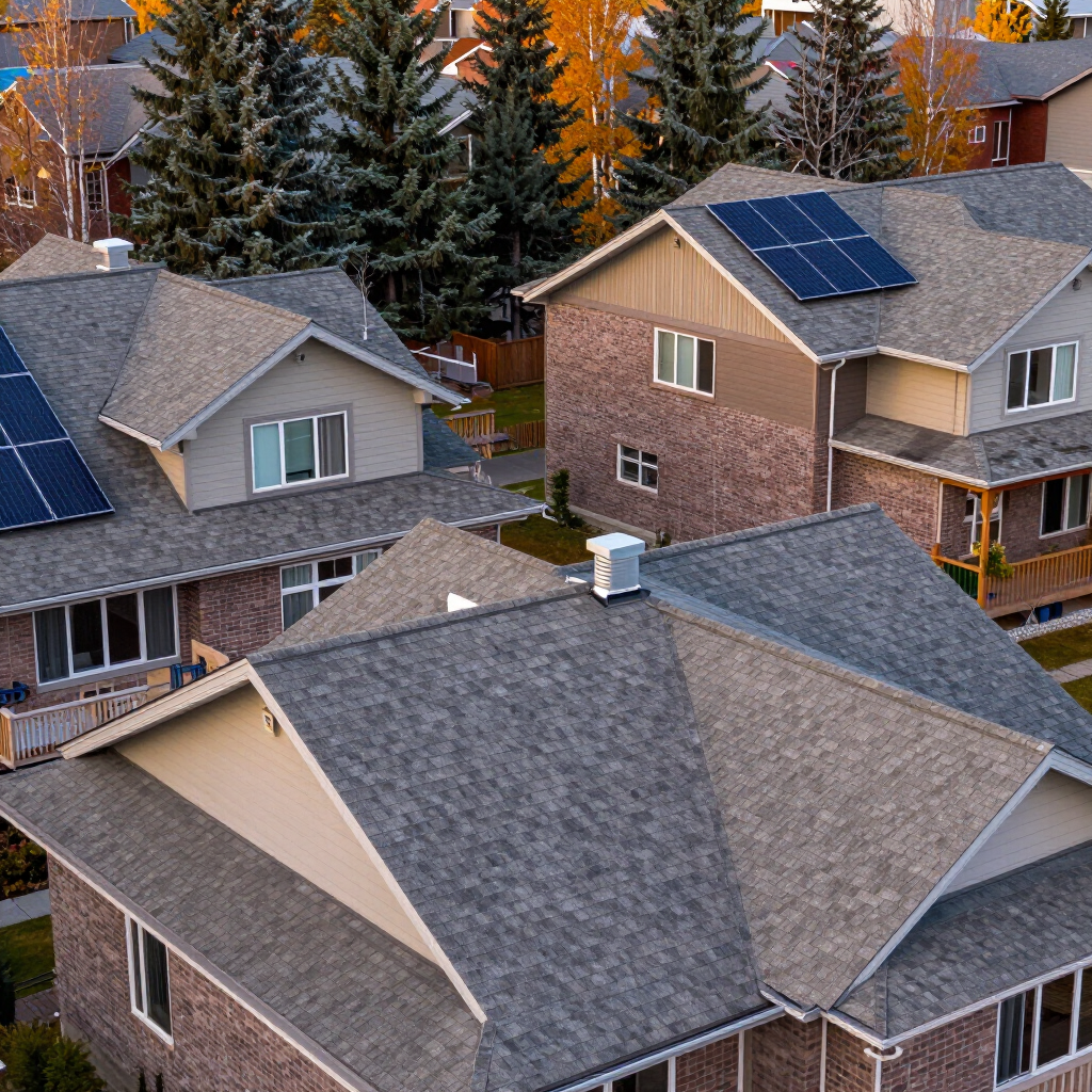 Suburban houses with gray roofs and solar panels among tall evergreen trees in autumn