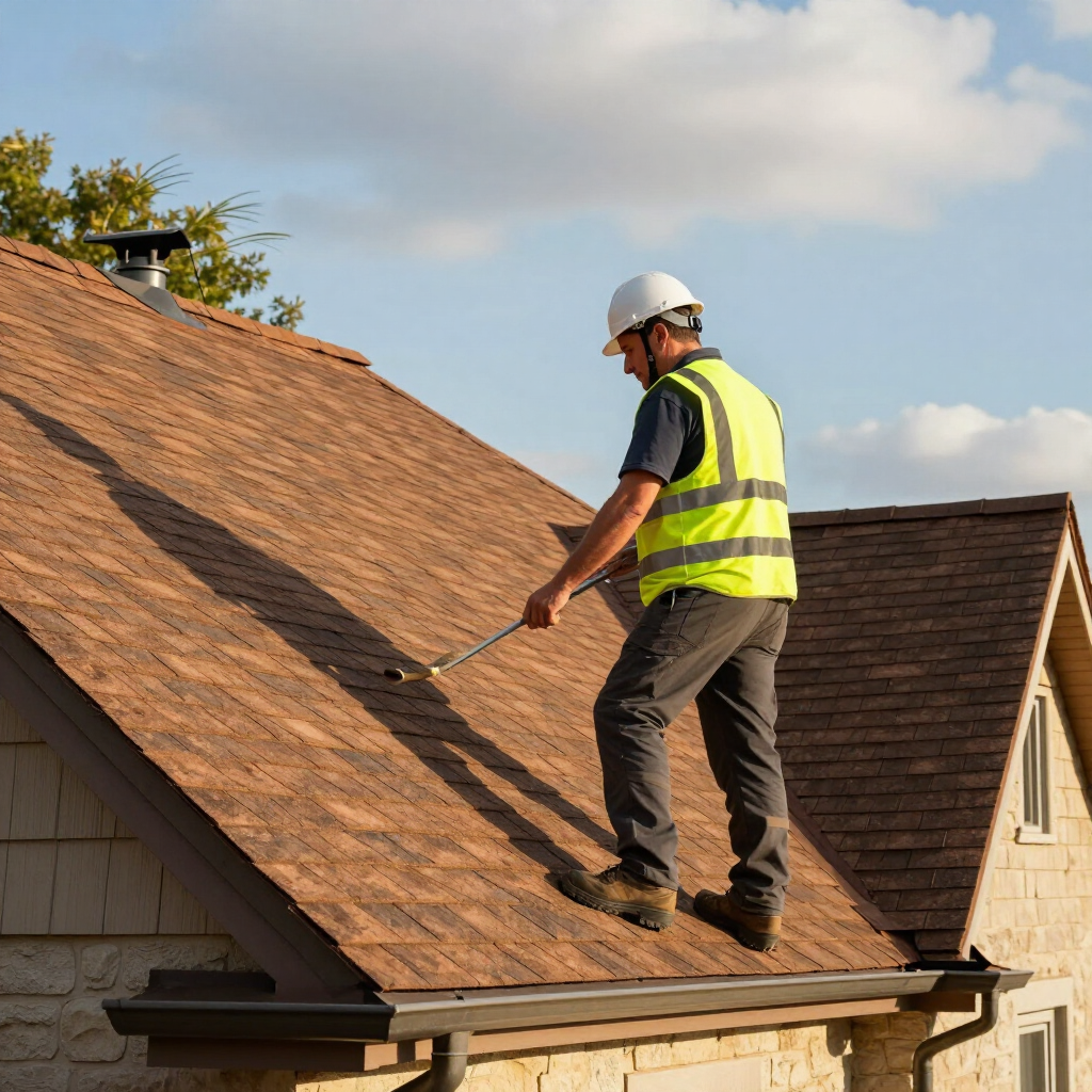 Worker in a hard hat and safety vest repairing a shingled roof with a tool.