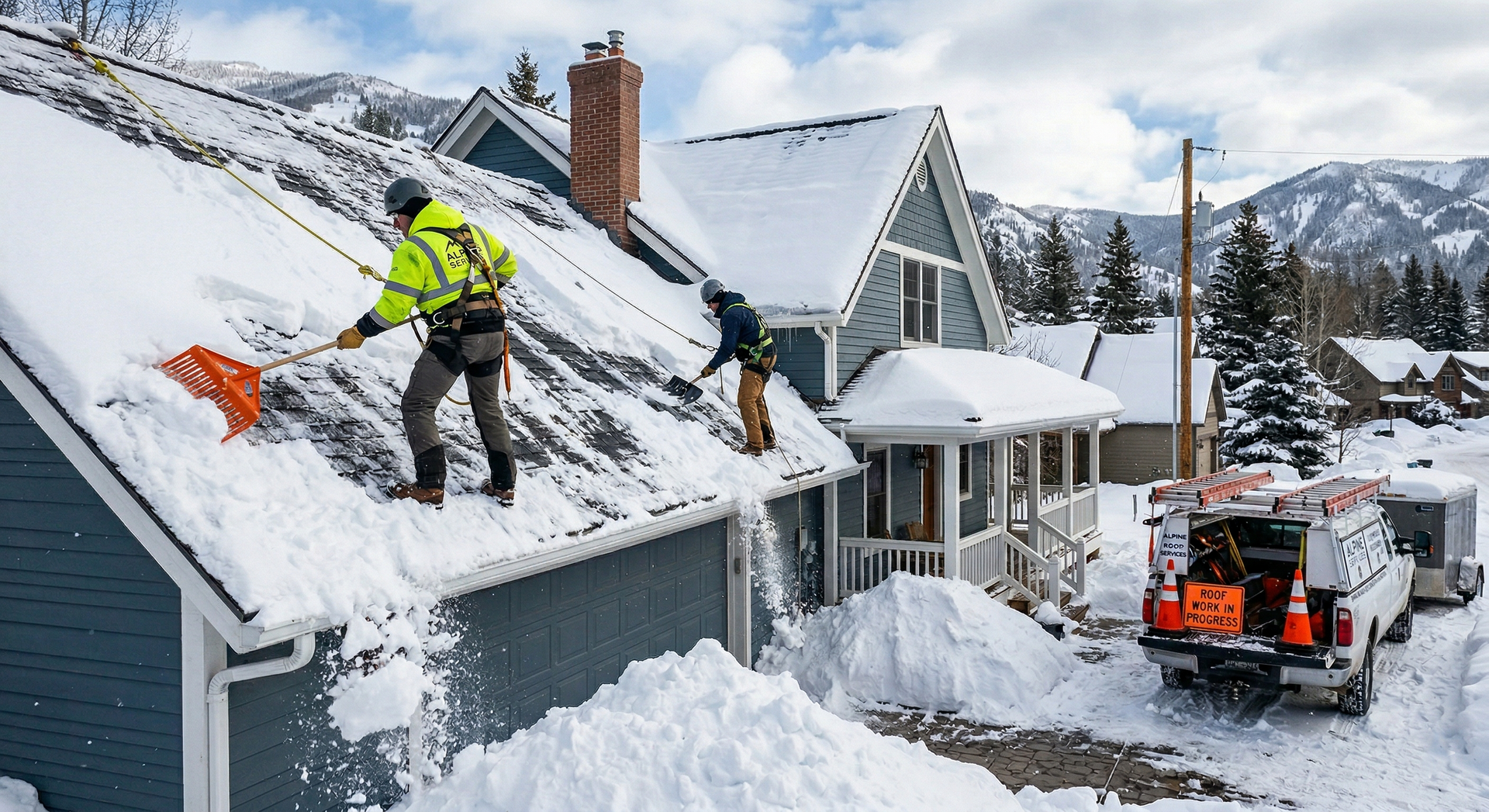 Two workers in safety gear and harnesses shovel deep snow off a residential roof with a truck parked in the driveway.