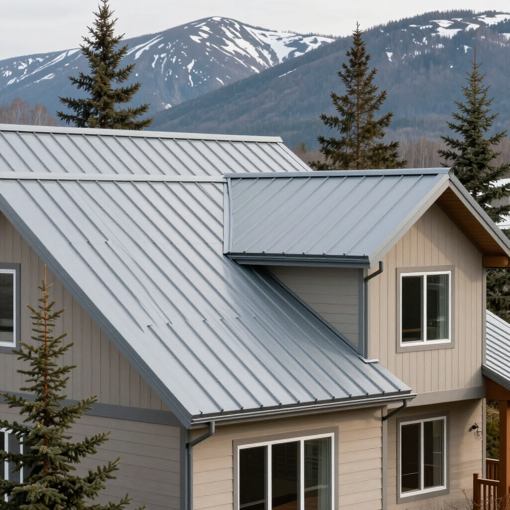 Modern house with gray metal roof in a mountain setting with pine trees and snow-dusted peaks