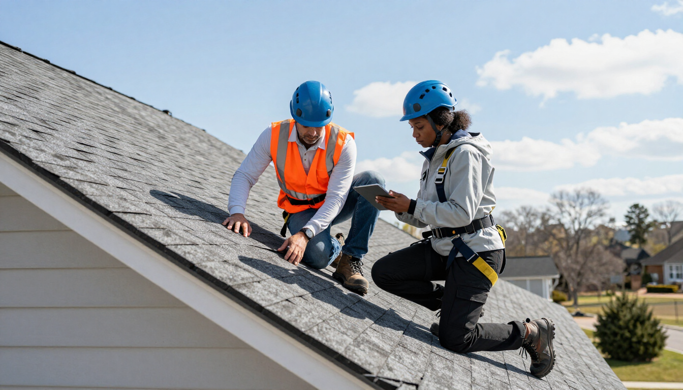 Two roofers in blue helmets and orange vests work on a house roof under a blue sky.
