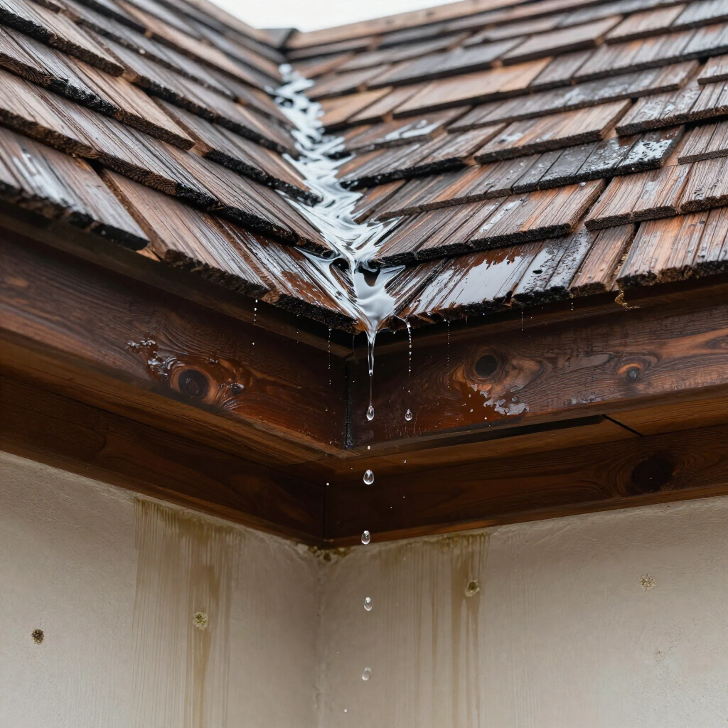 Rainwater dripping from a damaged roof corner onto a beige wall