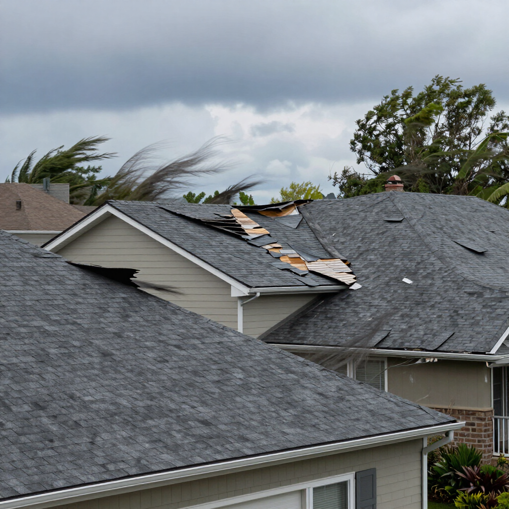 Storm-damaged rooftops with missing shingles and exposed wood under a cloudy sky