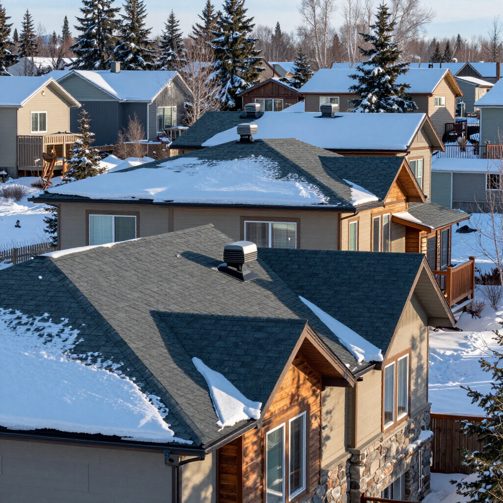 Snow-covered suburban houses with dark roofs in a winter neighborhood