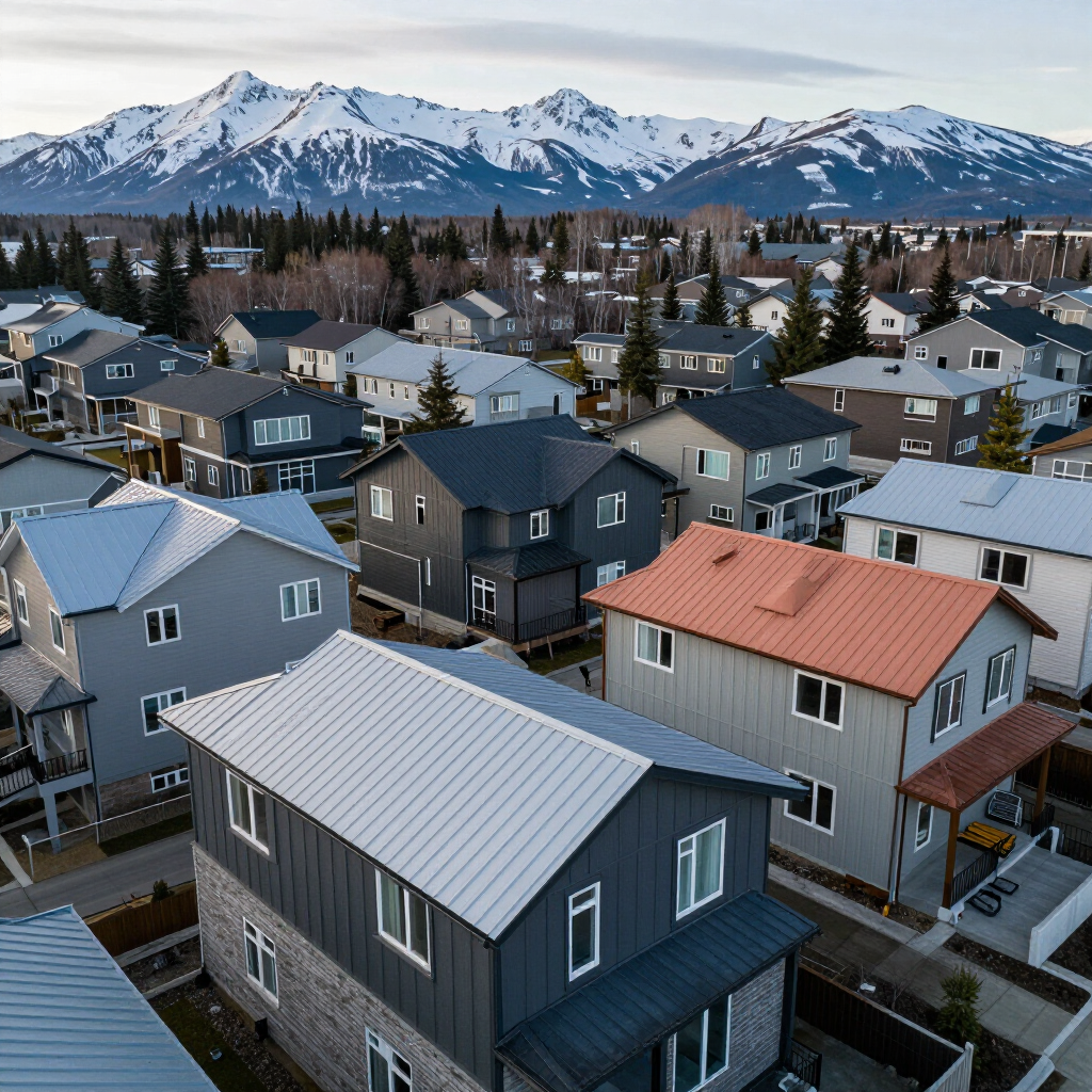 Suburban houses with snow-dusted mountain range in the background at dusk