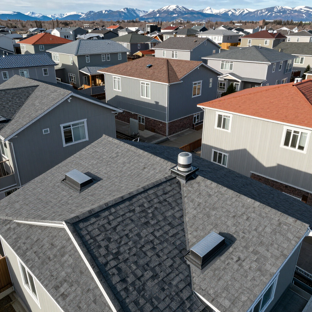 Suburban neighborhood of closely packed houses with gray and red roofs, seen from above against distant mountains.