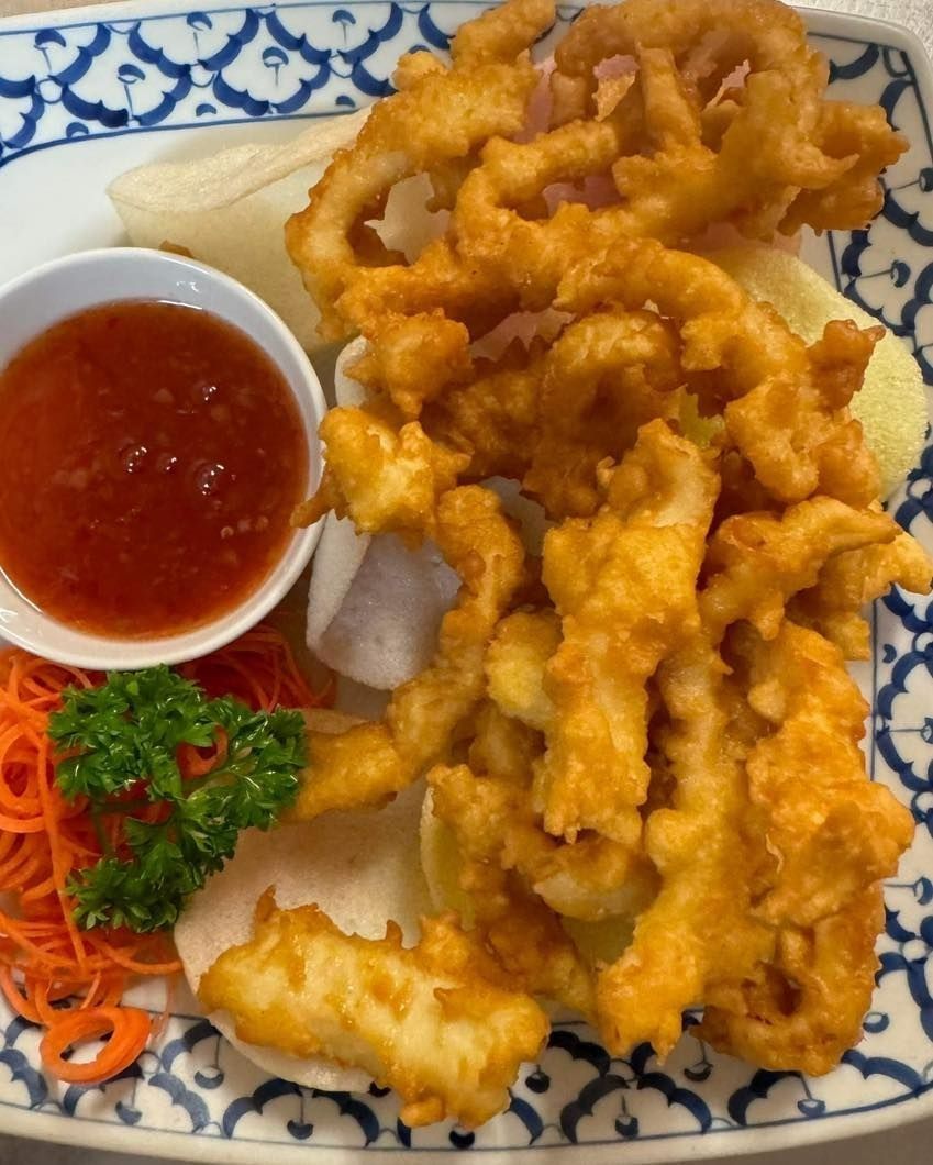 Fried Calamari With Dipping Sauce and Vegetables on a Decorative Plate — Thai Taste Restaurant in Norman Gardens, QLD