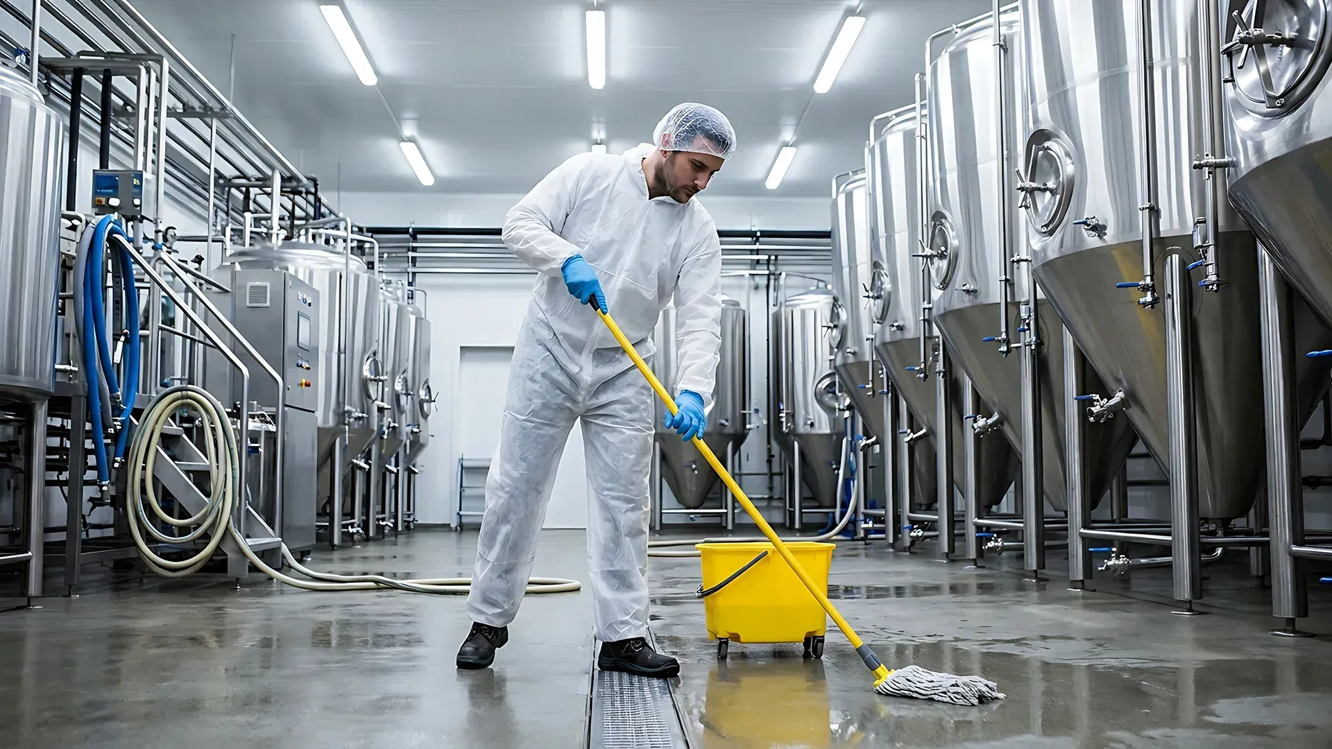 Man mopping the floor in a commercial setting, surrounded by machinery