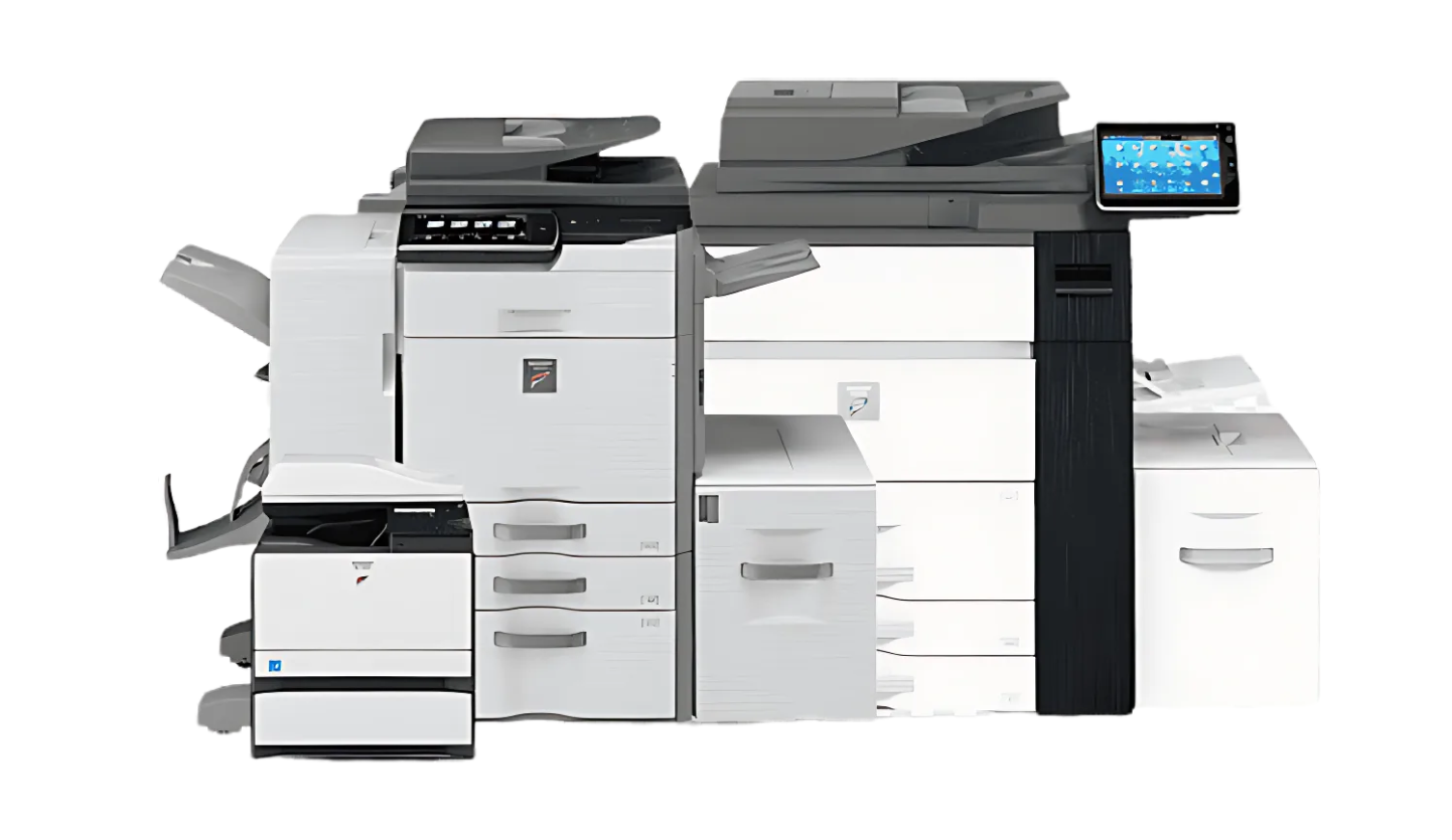 A black and white printer with a monitor on top of it.