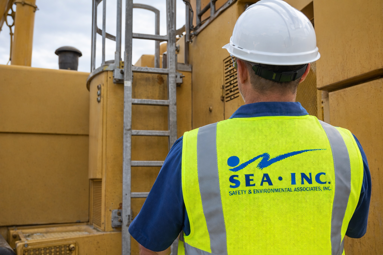 Worker in white hard hat and neon vest stands by industrial equipment and ladder on a ship deck.
