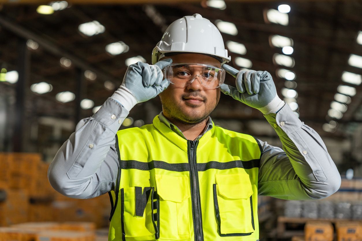 Warehouse worker in a neon safety vest adjusting his hard hat in a warehouse