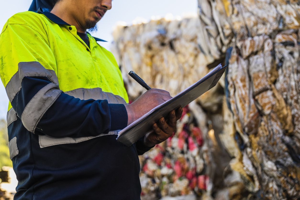 Worker in a neon yellow safety jacket using a tablet outdoors near a rock wall.
