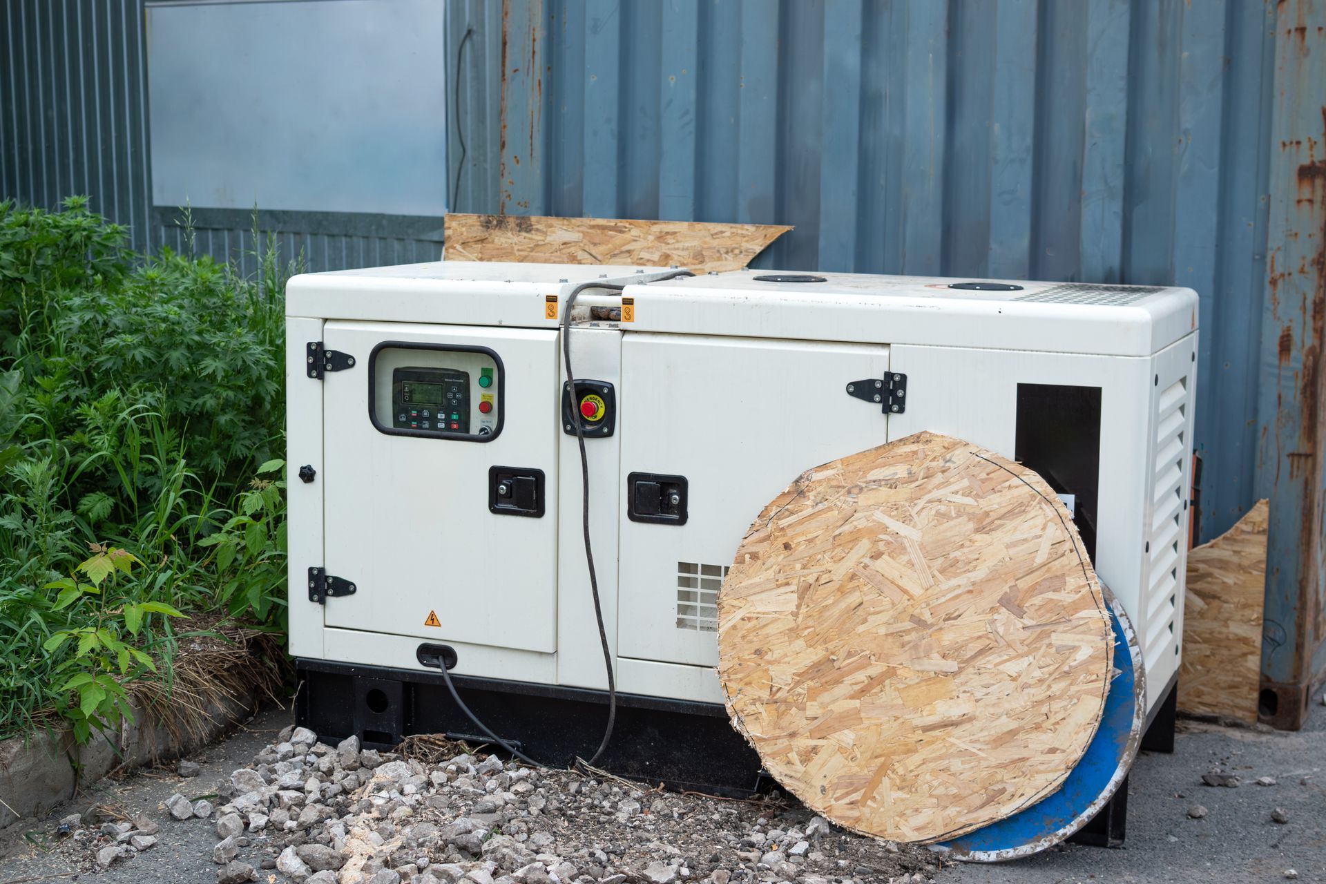 Portable generator outside beside a metal container, with plywood covers and a wheel leaning against it