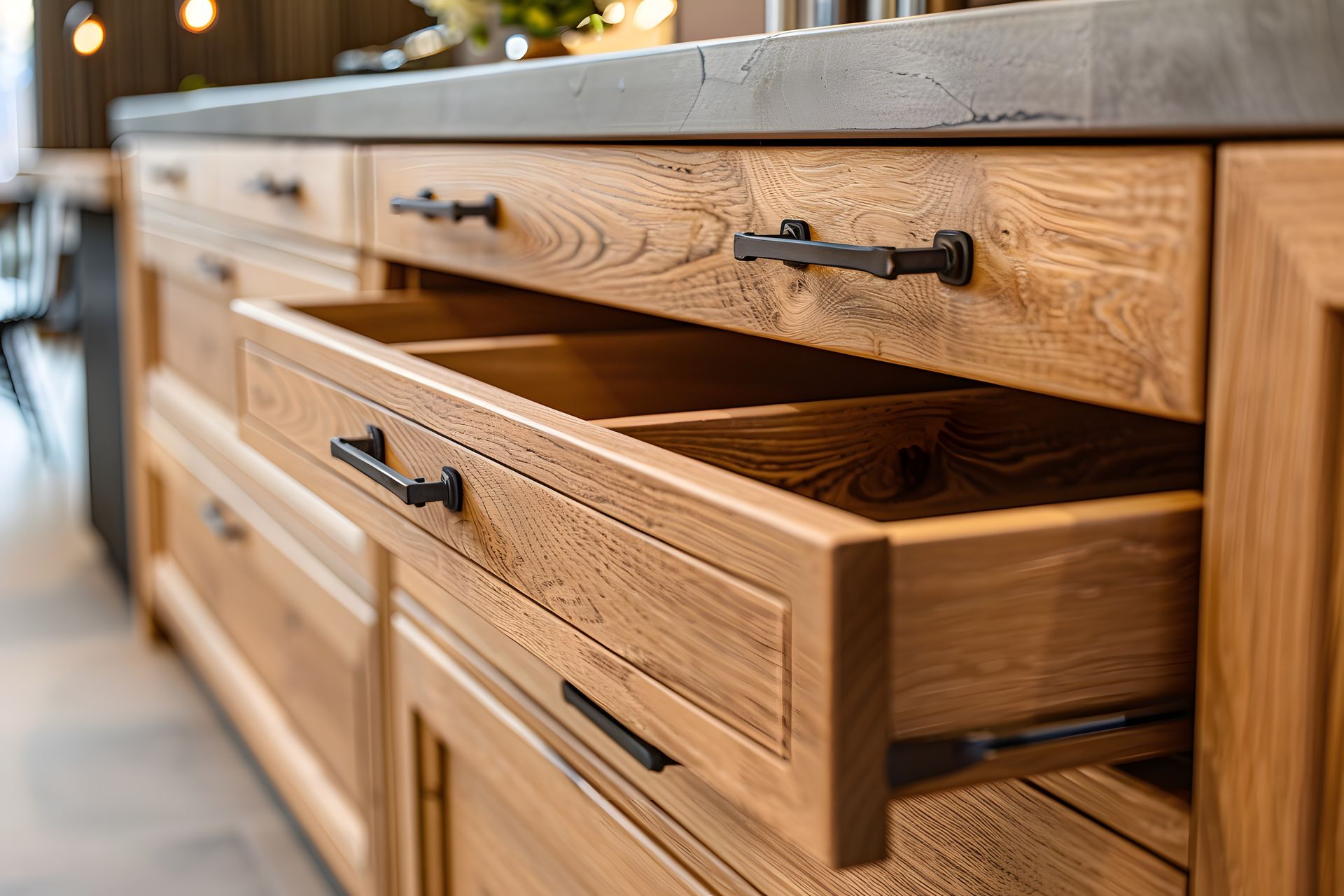 Wooden kitchen drawers, one open, with black handles. Gray countertop.