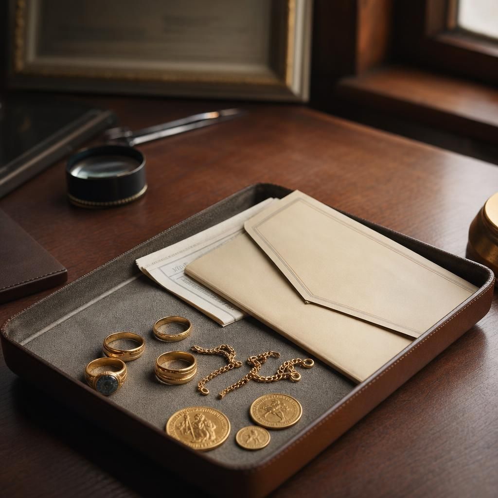 Gold jewelry, coins, and paperwork on a jeweller's desk
