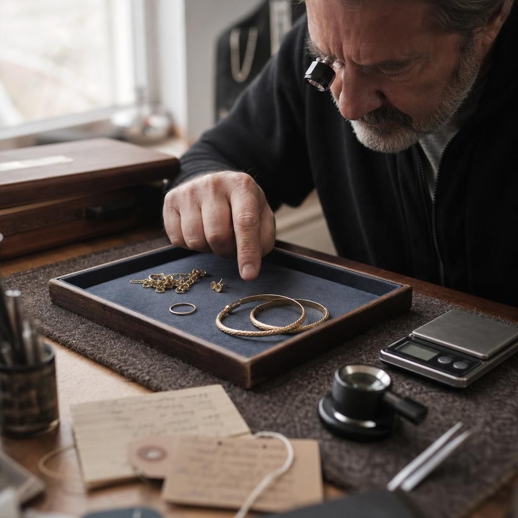 Mixed gold jewellery on jeweler’s scale and tray