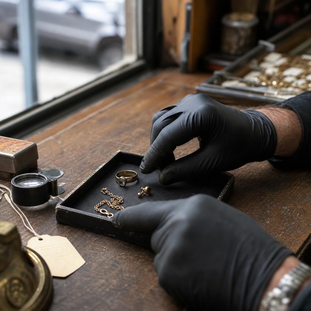 Damaged gold jewelry on a jeweler’s workbench