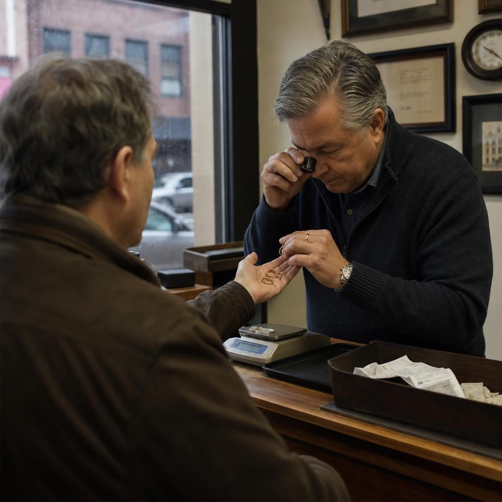Customer and jeweler appraising gold rings in shop