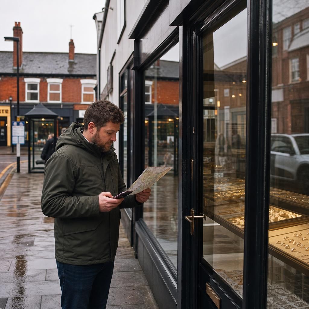 Person outside gold buyer shop on a Midlands street