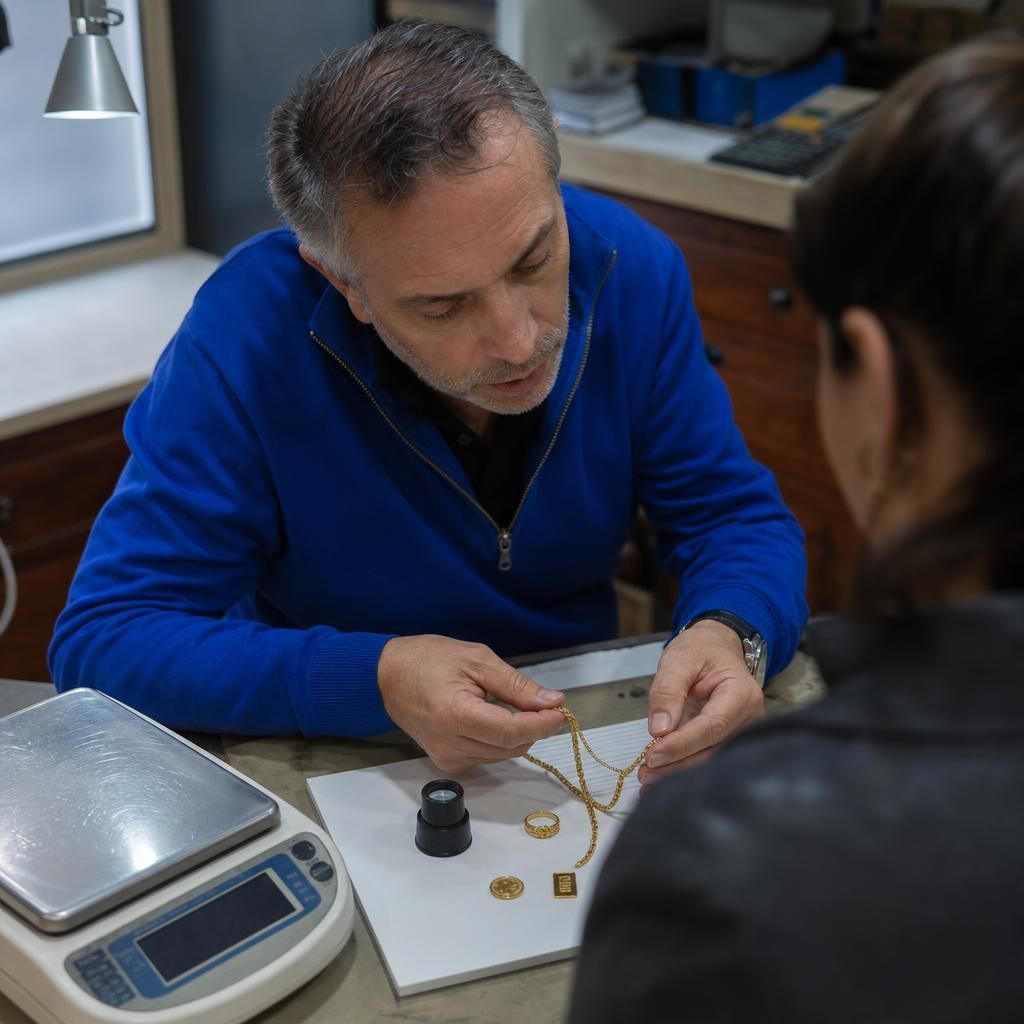 Jewelry buyer inspecting gold ring, chain, coin, and bar