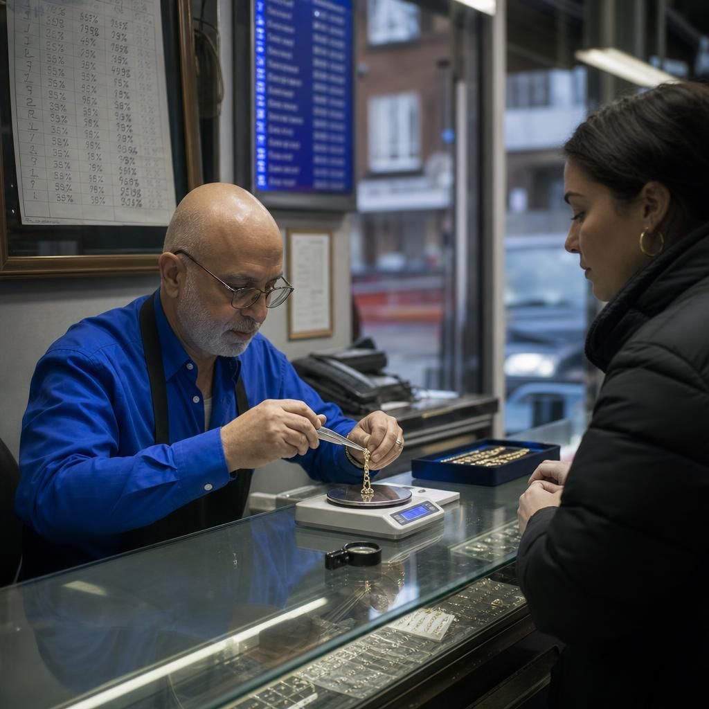 Jeweler weighing gold bracelet at appraisal counter