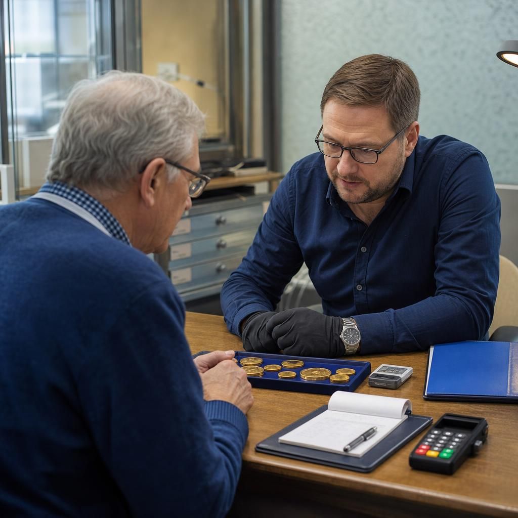 Seller and buyer reviewing gold coins at a desk