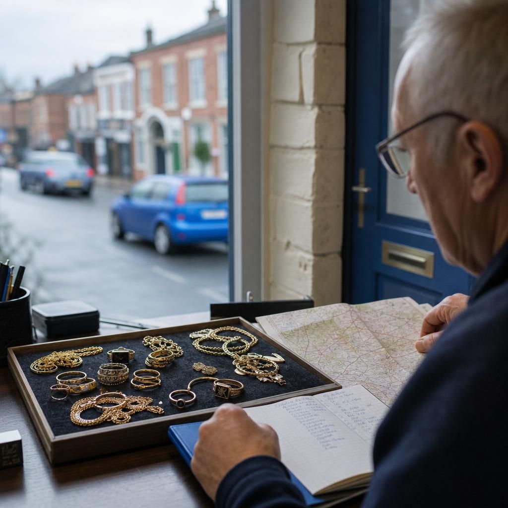 Gold jewelry tray in a local valuation office window