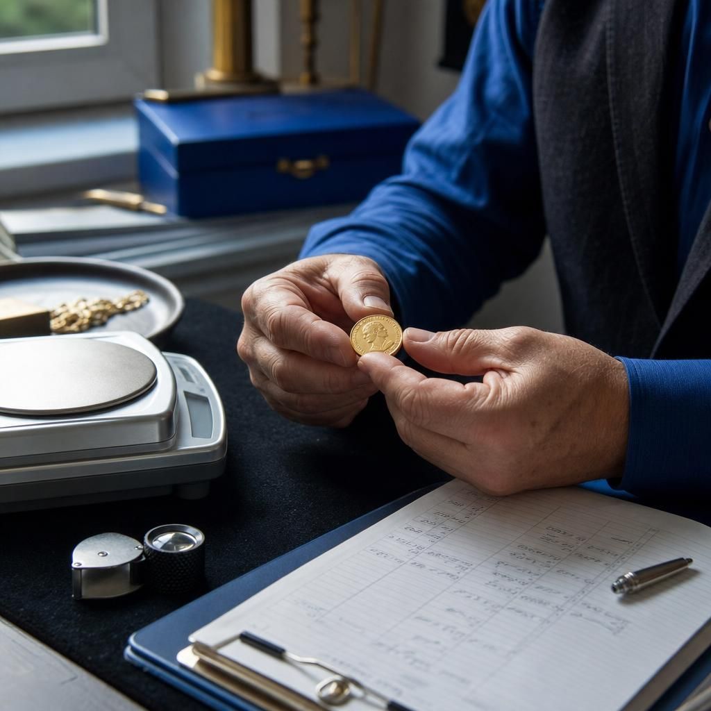 Jeweler weighing a gold sovereign on a precision scale