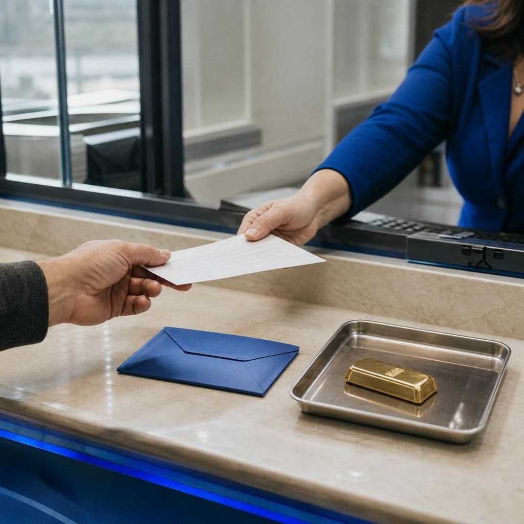 Bank counter with gold bar and payment confirmation