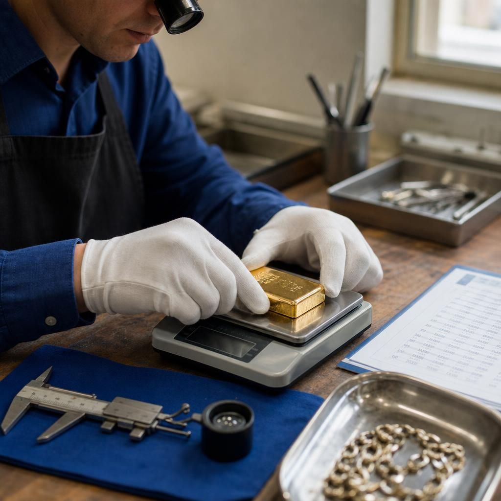 Gold bar being weighed on a jeweler’s scale