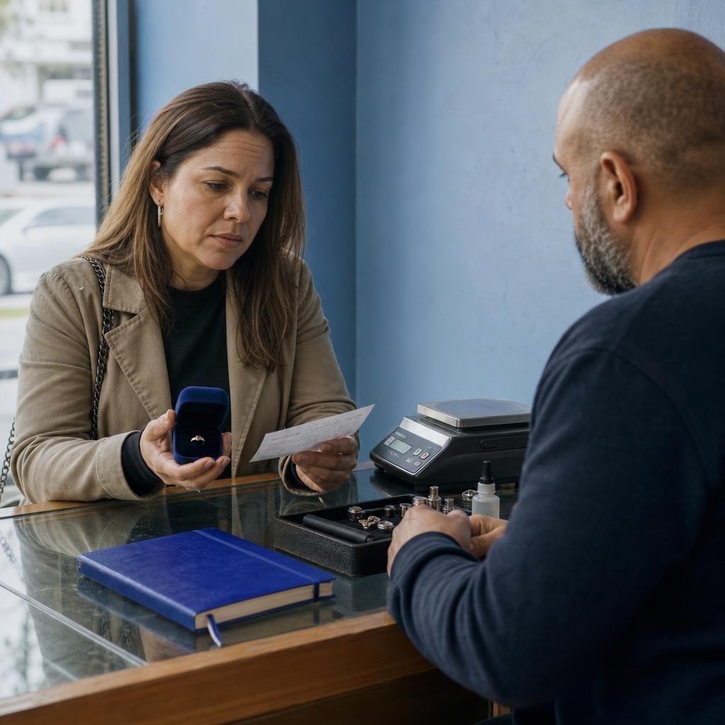 Woman comparing gold offers at a jewelry counter